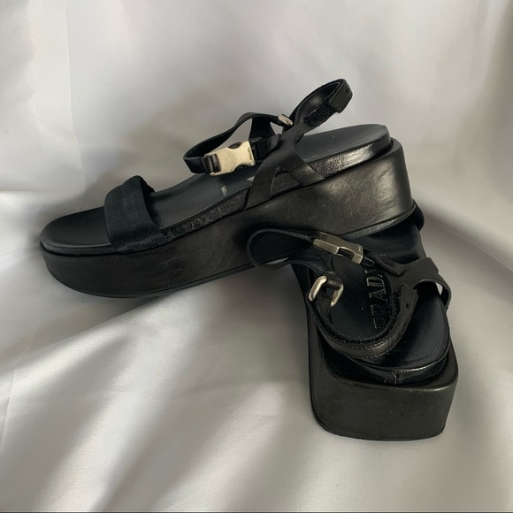 Prada Black Leather Flatform Sandals - Picture 5 of 10